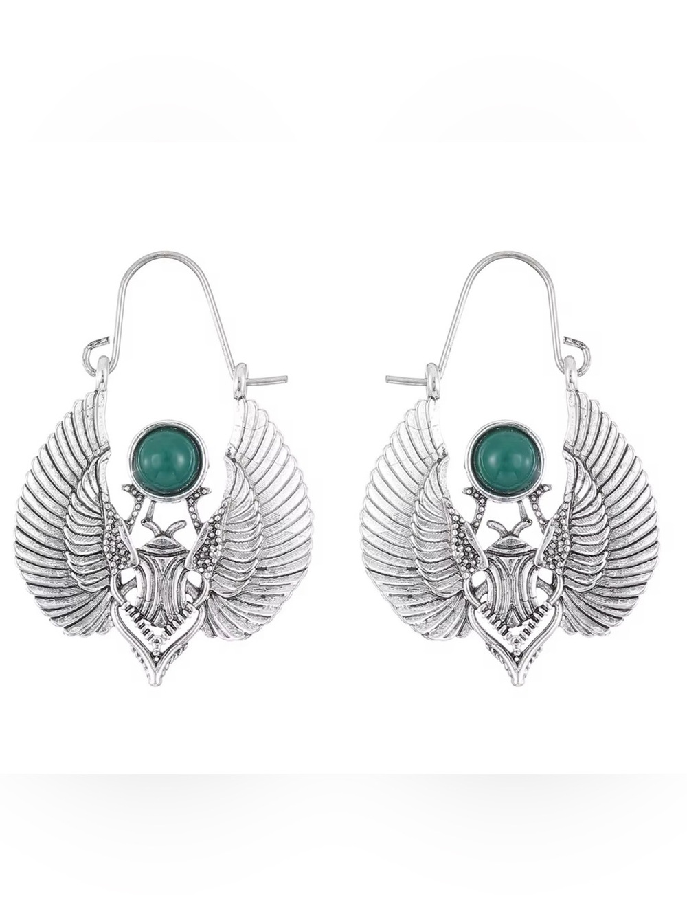 Silver Winged Drop Earrings with Green Stone -  Jewelry - Picture 4 of 9